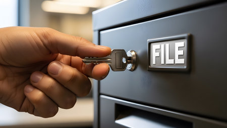A hand holds a silver key, inserting it into the lock of a dark grey filing cabinet drawer.の写真素材