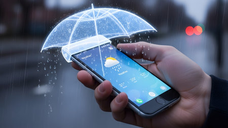 A hand holds a smartphone with a holographic umbrella projecting over it, deflecting rain and...の写真素材