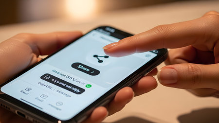 Hands hold a smartphone displaying a share menu, with a finger tapping the 'copy URL' option and...の写真素材