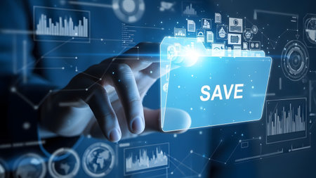 A hand interacts with a futuristic digital interface displaying a glowing blue folder with the...の写真素材