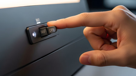 showing hand toggles a wi-fi switch to the off position on a dark gray panel with a lit...の写真素材