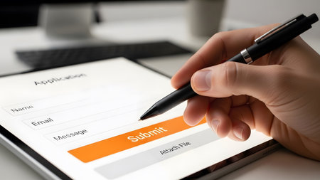 A hand holding a black stylus pen clicks an orange submit button on a tablet displaying an...の写真素材