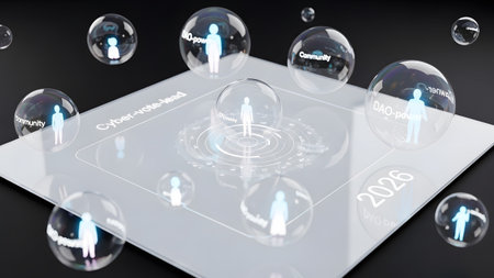 A transparent digital interface community and DAO power bubbles on a reflective surface.の写真素材
