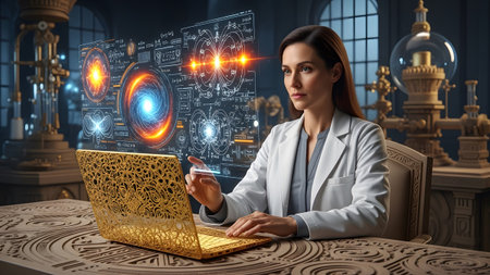 Stock showing scientist in lab coat interacting with holographic scientific diagrams and...の写真素材