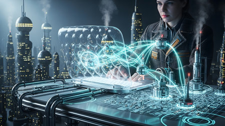 Buildings showing woman working on a transparent laptop with glowing network connections in a...の写真素材