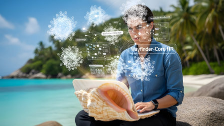 Woman with laptop on beach, holographic interface data networks and connections....の写真素材