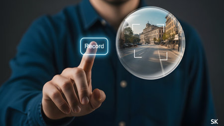 A person presses a glowing record button, capturing a city street scene within a transparent bubble.の写真素材