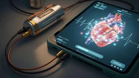 A tablet displaying a glowing 3D heart model connected via cables to a futuristic metallic device, showing...の写真素材