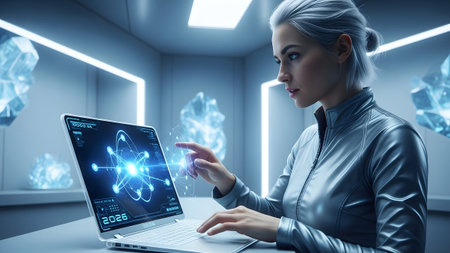 A woman with silver hair touches a glowing atomic model on a futuristic laptop screen in a...の写真素材