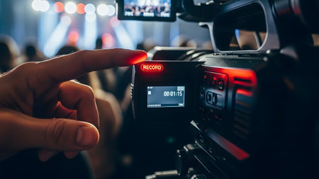 A finger activates the record button on a camera, with a digital timer displayed on its screen.の写真素材