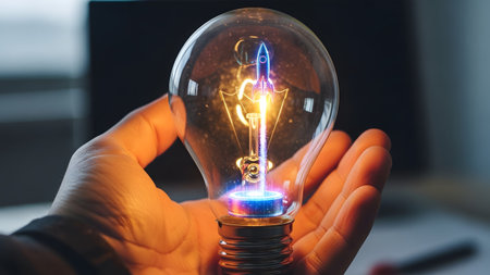 Glass showing hand holding a light bulb with a rocket and blue and orange light...の写真素材