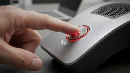 A finger presses a glowing red mute button on a brushed metal conference microphone, indicating...の写真素材
