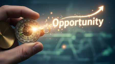 A hand holds a golden compass with a glowing needle, pointing towards the illuminated word...の写真素材