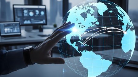 A hand moves over a glowing blue digital Earth, with arrows suggesting international data...の写真素材