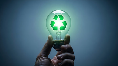 Against showing hand holding a glowing light bulb with a green recycling symbol inside against a...の写真素材