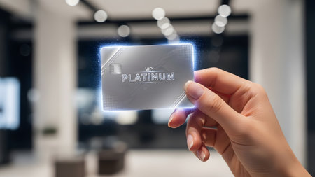 Credit showing hand holding a silver platinum credit card with glowing blue outline in a...の写真素材