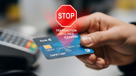 Credit showing hand holding a blue credit card near a payment terminal with a stop transaction...の写真素材