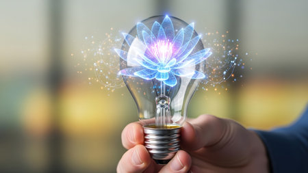 A hand holds a clear lightbulb with a glowing blue digital flower and sparkling particles...の写真素材