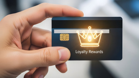 A hand holds a dark credit card featuring a glowing crown and "Loyalty Rewards" text, signifying...の写真素材