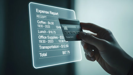 A hand holds a credit card against a glowing transparent screen displaying an expense report...の写真素材