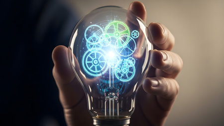 A hand holds a clear glass light bulb with glowing blue and green digital gears and a bright...の写真素材