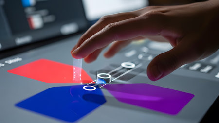 Displaying showing hand interacting with a futuristic touchscreen interface displaying color...の写真素材