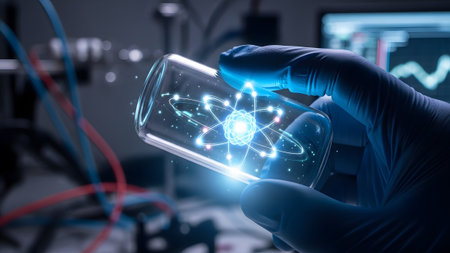 A gloved hand holds a glass vial with a vibrant blue atomic model, illuminated by bright light...の写真素材