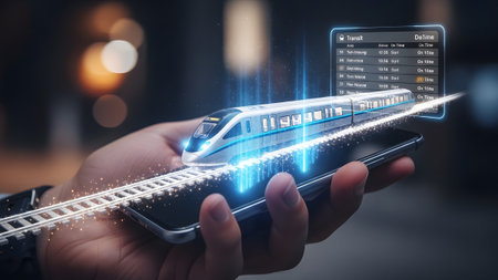 Hand holding a smartphone displaying a holographic transit tram and railway tracks with glowing...の写真素材