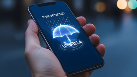Displaying showing hand holding smartphone displaying rain detected alert with glowing umbrella...の写真素材