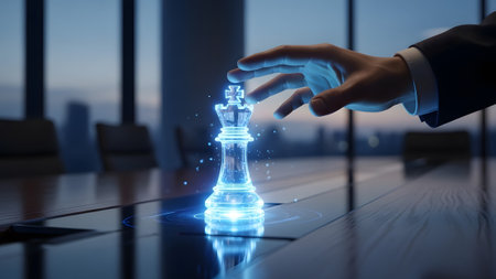 A hand reaches for a glowing digital chess king piece on a conference table with a blurred city...の写真素材