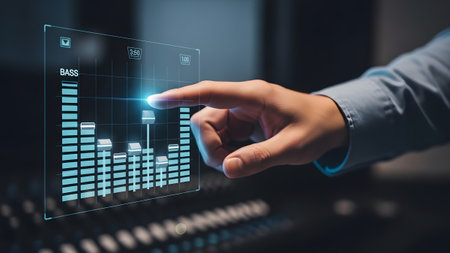 Display showing hand touching holographic equalizer display for audio mixing on a soundboard....の写真素材