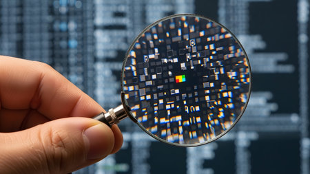 A hand holds a magnifying glass over a digital screen showing pixelated code and a small rainbow...の写真素材