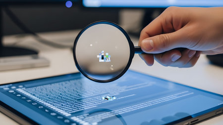 Glass showing magnifying glass held over tablet screen displaying code and pixelated in blue...の写真素材