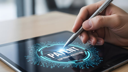 Showing patent digital circuit on tablet screen with stylus.の写真素材