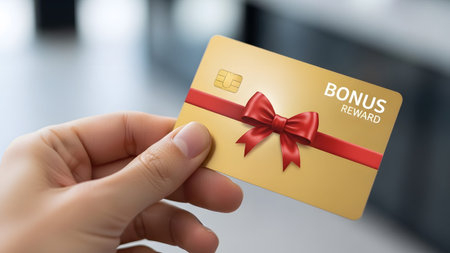 A hand presents a gold credit card featuring a red ribbon and bow, with the words "BONUS REWARD".の写真素材