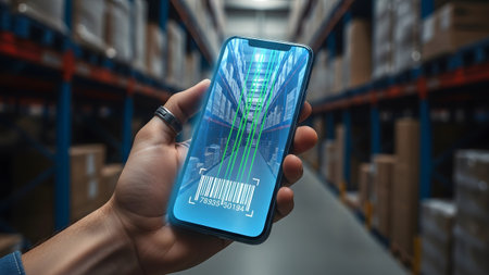 A hand holds a smartphone scanning a barcode with a green laser grid overlay in a warehouse...の写真素材