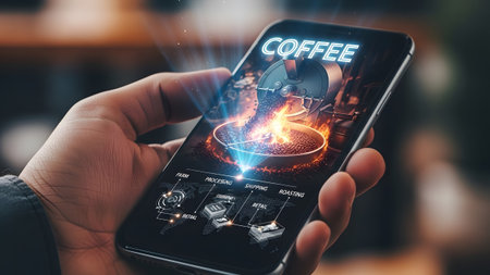 A hand holds a smartphone showing a holographic coffee roasting process and supply chain flow...の写真素材