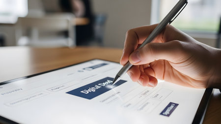 A hand uses a stylus pen to sign a digital deed displayed on a tablet screen in an office.の写真素材