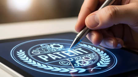 A stylus pen hovers over a digital patent emblem featuring gears and laurel leaves on a tablet.の写真素材