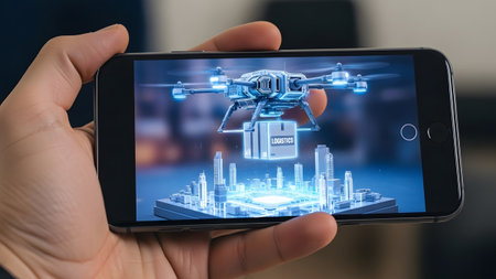 Displaying person holding smartphone showing holographic drone delivering package over...の写真素材
