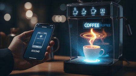 Smartphone showing smart coffee machine controlled by smartphone app with holographic interface...の写真素材