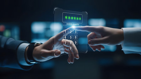 Two hands touch a glowing digital keypad showing asterisks and the 'ACCESS GRANTED' message.の写真素材