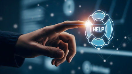 Background showing touching a glowing blue lifebuoy with the word help on a dark digital...の写真素材