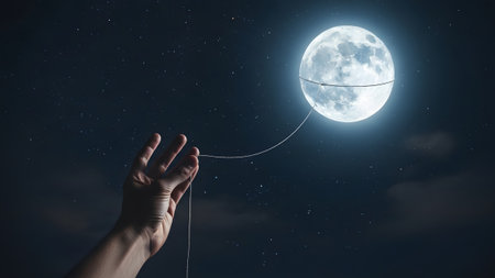 A person's hand extends towards a luminous full moon tethered by a string against a dark,...の写真素材