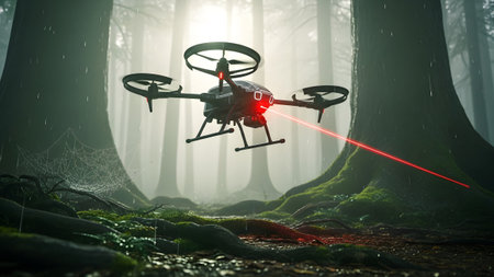 A dark red drone with a red laser beam flies through a misty, dark forest with large trees.の写真素材