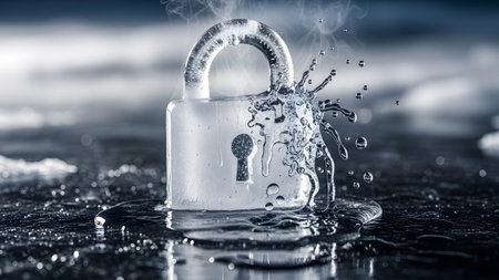 Steam showing a padlock made of ice and water, with water splashing from its side and steam...の写真素材
