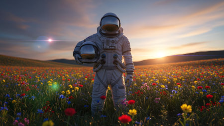 An astronaut in a white suit stands in a vibrant field of colorful flowers during a golden sunset.の写真素材