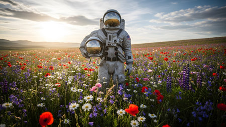 showing astronaut holding helmet in a sunlit field of red and purple wildflowers with blue...の写真素材