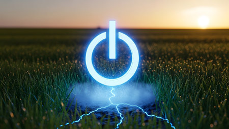 Blue showing bright blue symbol radiates light over dewy grass field at sunrise with sun...の写真素材