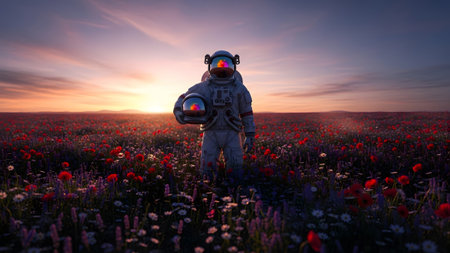 showing astronaut standing in a field of red and purple flowers at sunset with a colorful...の写真素材